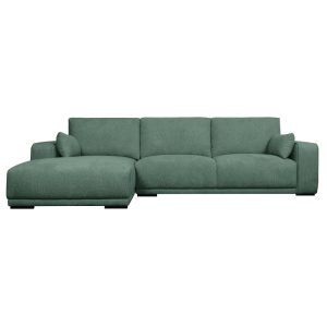 California sofa, m. venstre chaiselong og 2 armpuder - grøn stof og sort metal