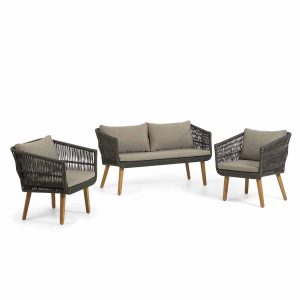 KAVE HOME Inti havesæt, m. 2 pers sofa og 2 havestole, m. hynder - grøn reb og natur akacietræ