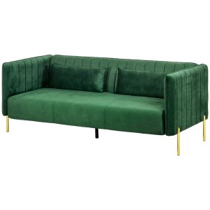 Sofa 3-personers sofa, inklusive 2 hynder, fløjlslook, retrodesign, aftageligt betræk, 195 cm x 88 cm x 76 cm grøn