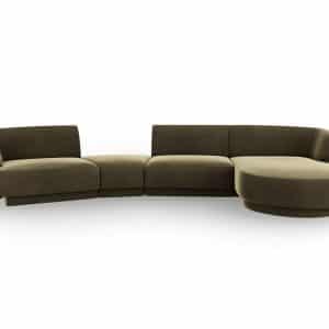 MICADONI Miley 4 pers. modulær sofa, højre, m. chaiselong og indbygget puf - grøn fløjl