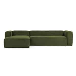 KAVE HOME Blok 3 pers. sofa, m. venstre chaiselong - grøn corduroy fløjl (330 cm)